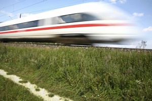 Train speeding through countryside